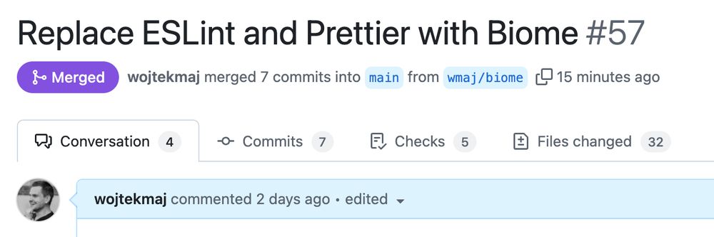 Screenshot of a merged GitHub pull request titled “Replace ESLint and Prettier with Biome (#57).” authored by wojtekmaj.