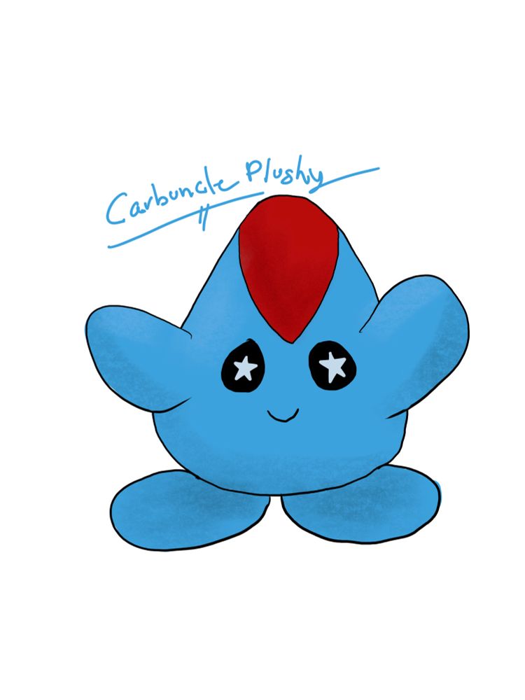 A blue colored, sort of triangular shaped character with a red mark on its head. It has stars in its eyes.
