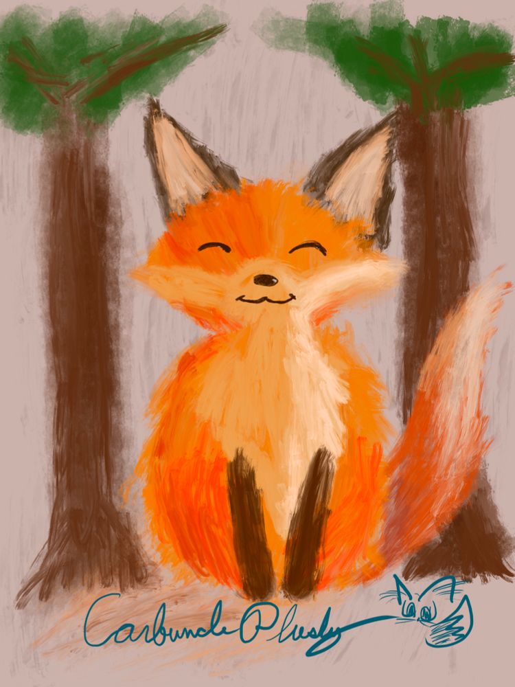 A drawing of a fox with a smiling expression. Behind it are two trees.