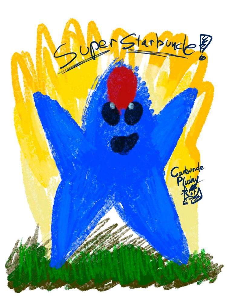 A powered up blue colored starfish character with a ruby on its forehead called a Starbuncle. It is standing on a grass field.