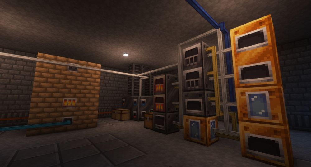 A view of several machines, all connected by various pipes. There's a steam blast furnace making steel, and in the foreground are machines turning cobblestone into fire clay bricks.
