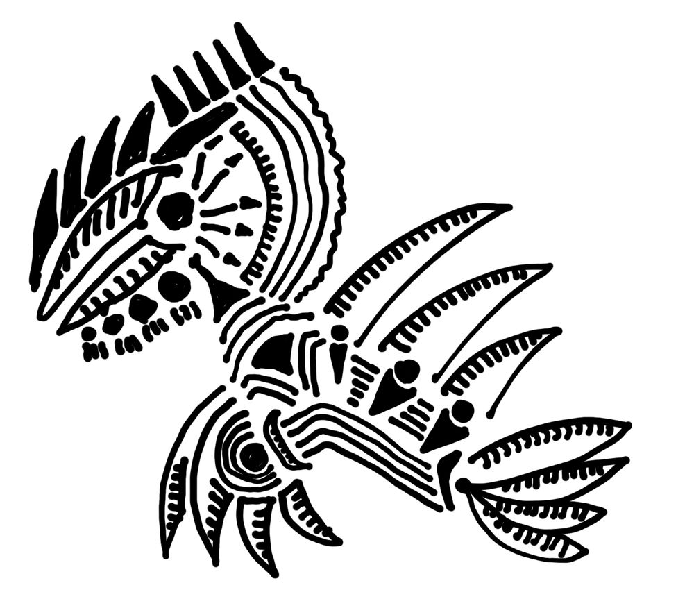 A bunch of dots and lines and blades appearing to form some sort of creature