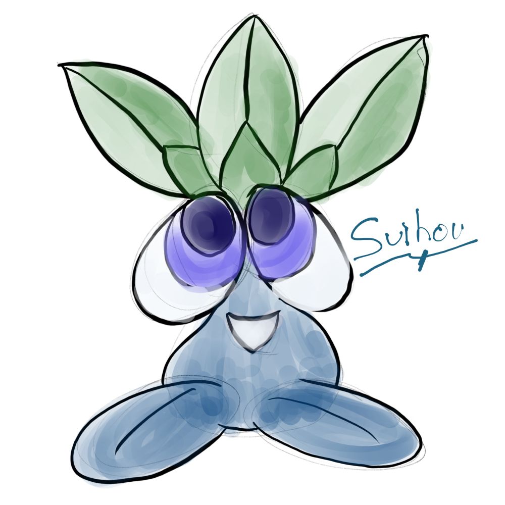 A water drop with blue legs and large eyes on top. It has three leaves on its head. The character’s name is Suihou.