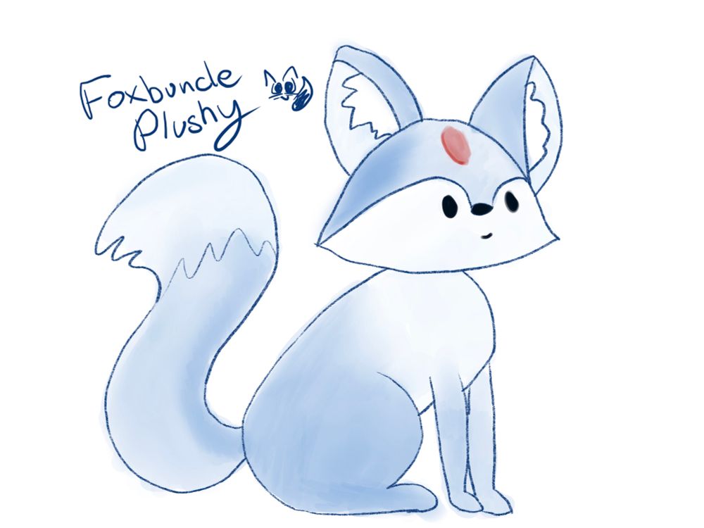 A light blue colored fox with a red green on its forehead. It’s drawn in watercolor.