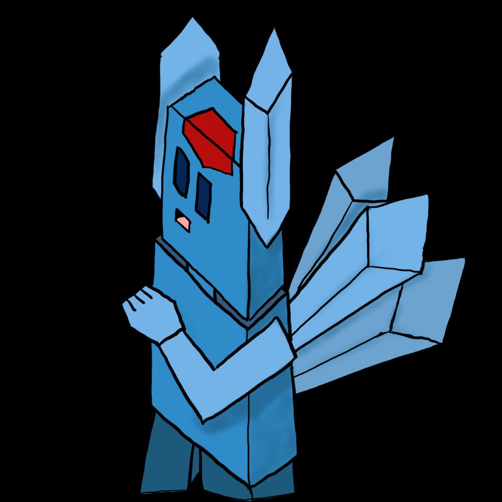 A blocky drawing of an anthromorphic carbuncle. It appears to be running towards us and to the left.
