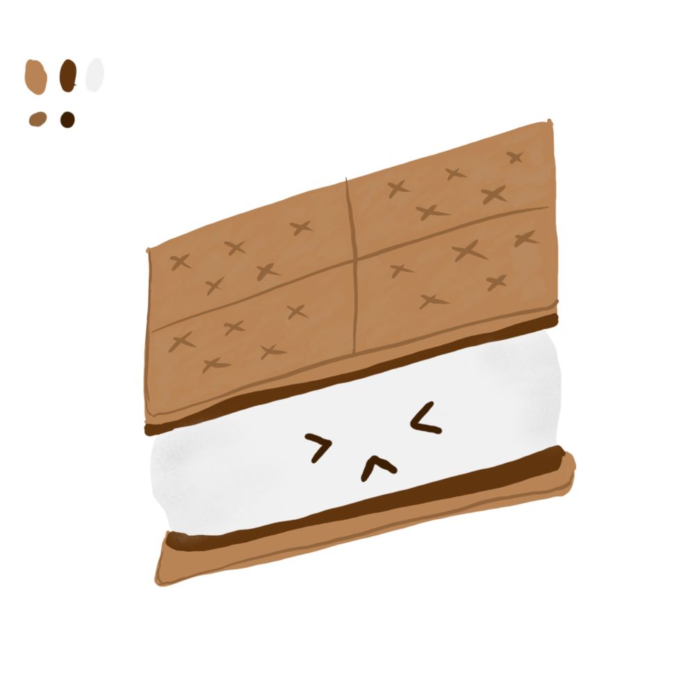 A drawing of a s’more plushie making a > < face