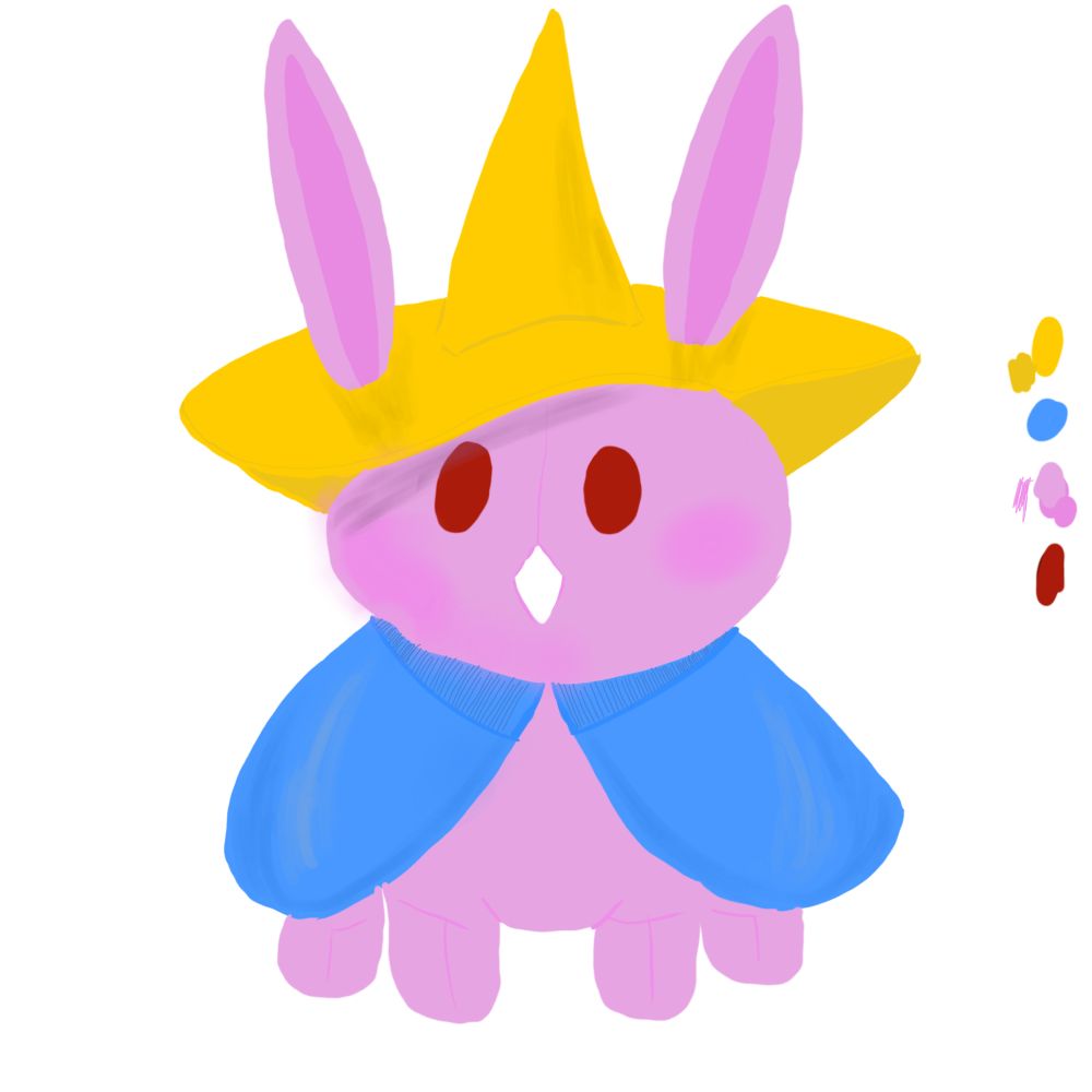 Drawing of a pink bunny in a blue cape and yellow hat. It’s the Marcidean rabbit that appears when you mess up NIN mudra 