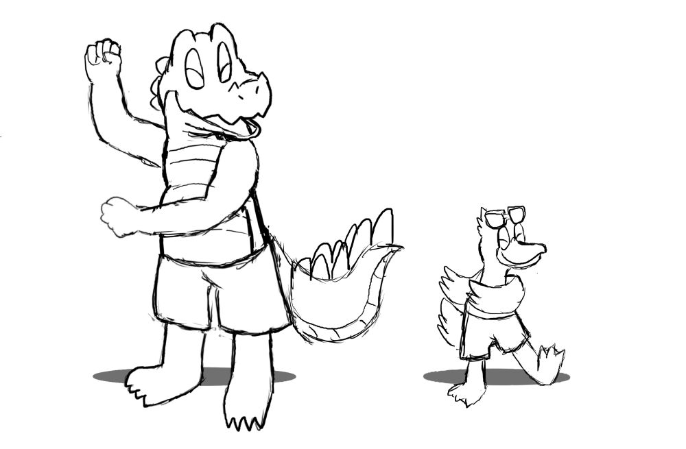 A drawing of an alligator named Relish and a tiny duck the artist wants to call Bud. The alligator faces left and duck faces right. Both wear swim trunks. The duck wears sunglasses on his forehead instead instead on in front of his eyes. They appear to be dancing and smiling. 