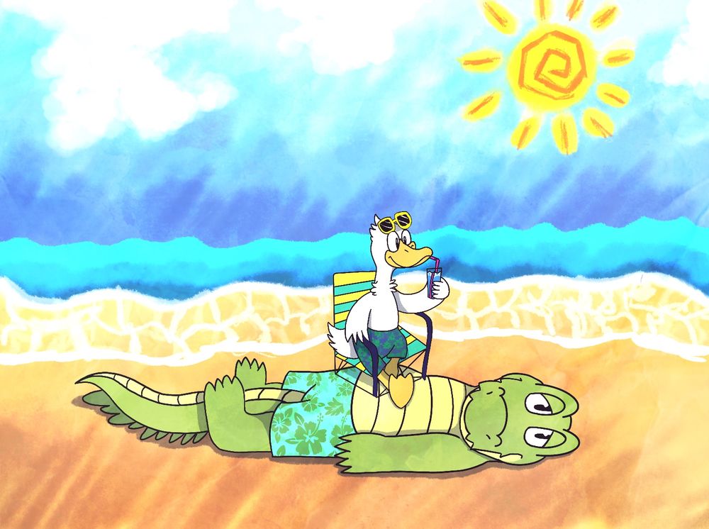 A digital drawing of an alligator laying on the beach with a duck sitting on top of his belly. The duck appears to be sitting on a folding chair and even has a drink out. The alligator is too nice to tell him he's not some kind of sculpture to be sitting on though. The image is in full color with a textured look on the coloring of the sand and sky, and the background features a sun with a swirly pattern and lines to show it is hot outside.