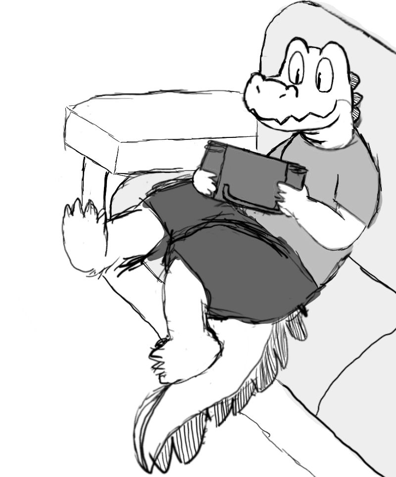 An alligator sits on a futon couch while holding and playing a handheld game console. He is wearing a simple shirt and shorts.