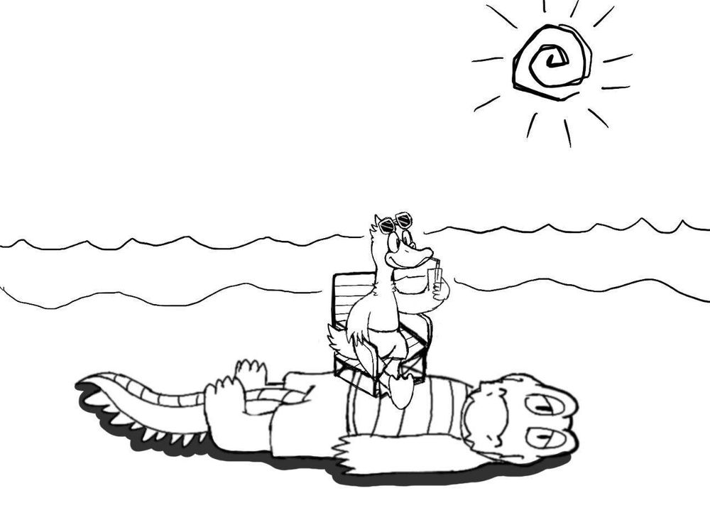 A duck on a folding chair sits on top of an alligator on the beach. The alligator is not amused.