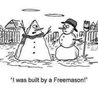 A cartoon drawing in black and white shows two snowmen standing in what appears to be a melting yard. The background includes bare trees, a snow-covered fence, and a small house with a pointed roof. The snowman on the left is shaped like a pyramid, and it has a carrot nose and a scarf. The snowman on the right is more traditionally shaped with a hat and a broom. The pyramid-shaped snowman on the left says, 