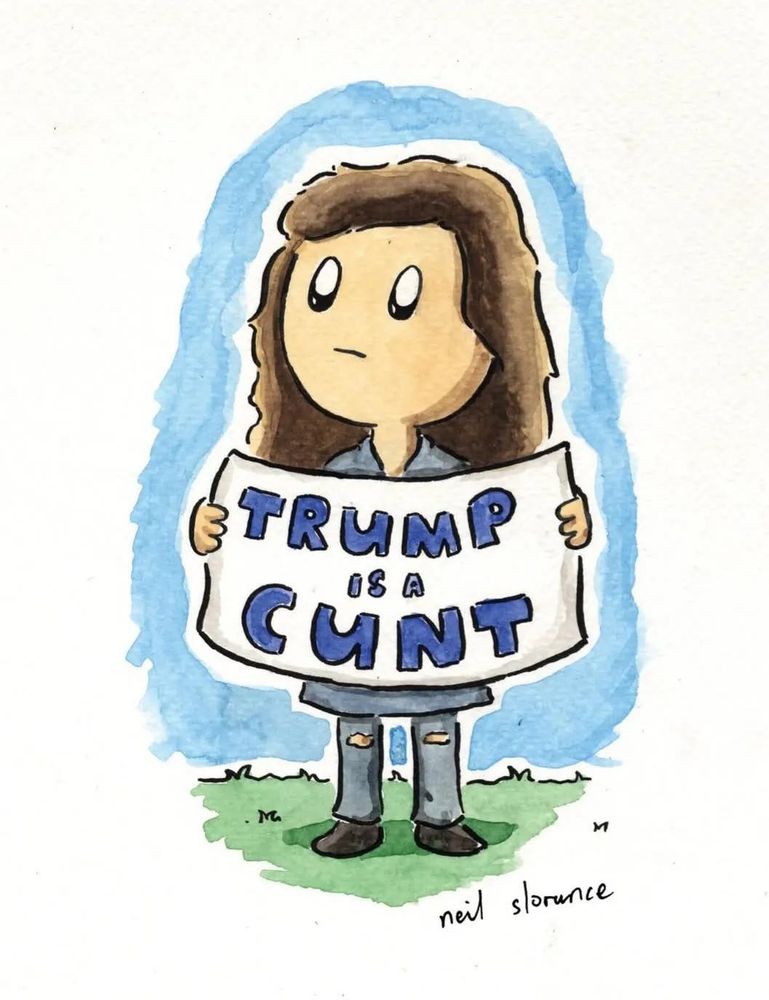 Janey is holding an image saying trump is a cunt