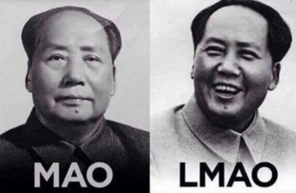 A black and white portrait of Mao Zedong is split into two different images. On the left, he has a neutral expression, and the word 