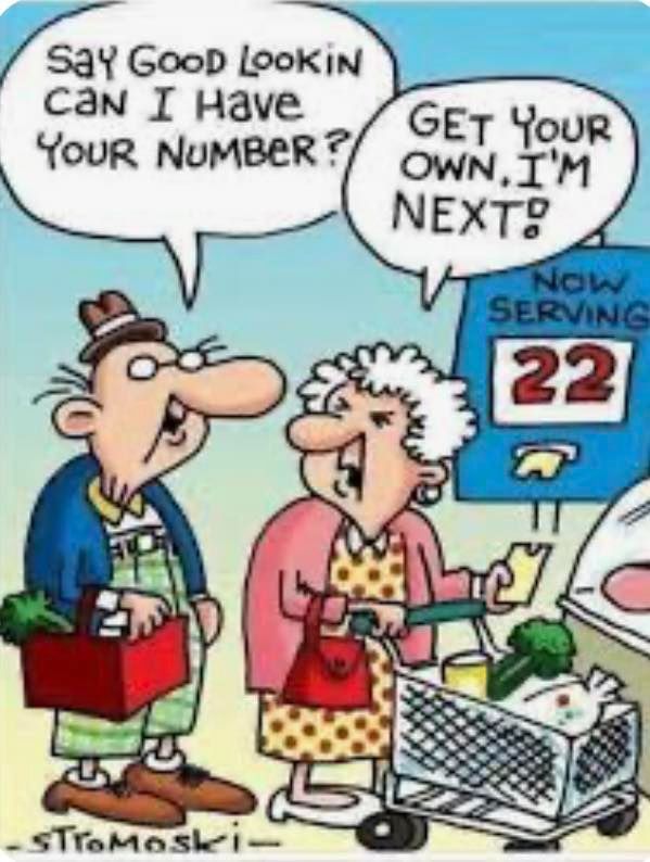 A cartoon portrays an elderly man with a prominent nose, donning a brown fedora and glasses. He wears a blue jacket over a yellow shirt, paired with green plaid pants and brown shoes. He carries a red shopping basket with green produce. A speech bubble above him reads, 