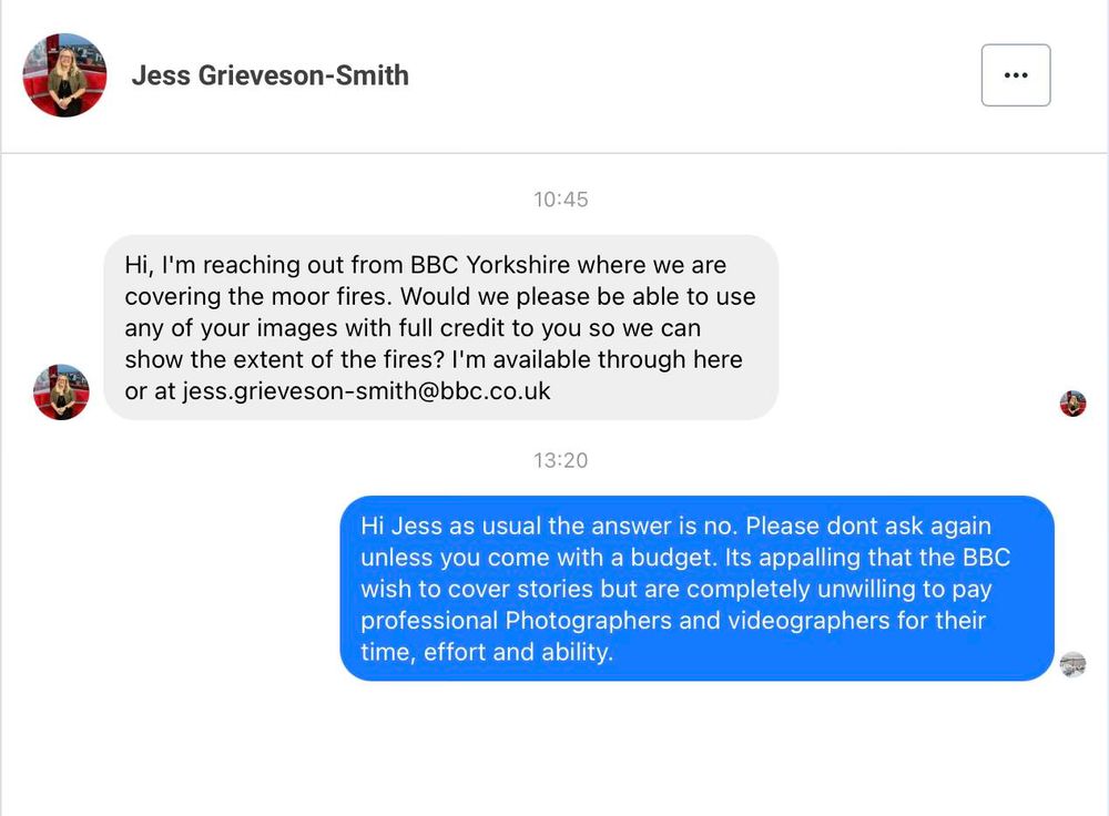 A screenshot of a text message exchange. The first message, sent at 10:45, is from Jess Grieveson-Smith. Jess introduces herself as reaching out from BBC Yorkshire, where they are covering the moor fires, and asks if they can use any images with full credit to show the extent of the fires. She includes her email address, jess.grieveson-smith@bbc.co.uk. The second message, sent at 13:20, is a reply that starts with 
