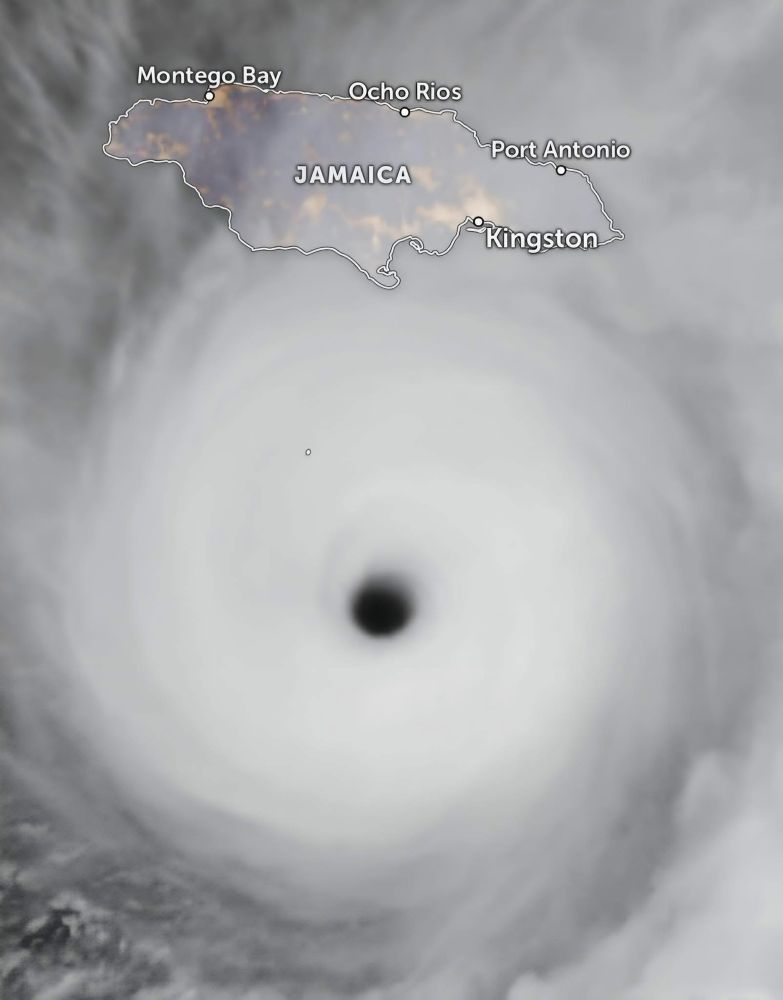 A huge hurricane, a big white circle with a dark centre, approaching a map of Jamaica.