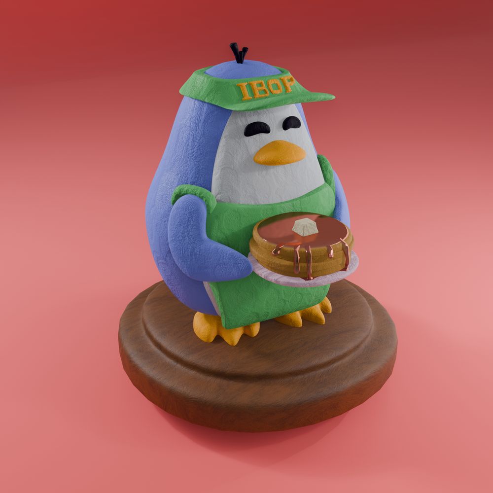 3D render of a cartoon penguin holding a plate of pancakes. She is wearing an apron and a visor that reads "IBOP".