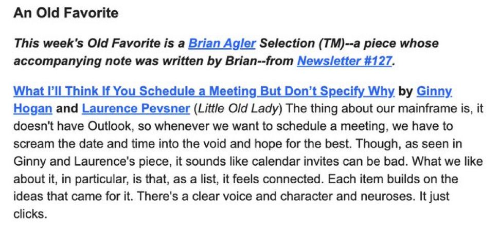 Description in Newsletter of Humorous Writings of Old Favorite “What I’ll Think If You Schedule a Meeting But Don’t Specify Why” by Ginny Hogan and Laurence Pevsner 