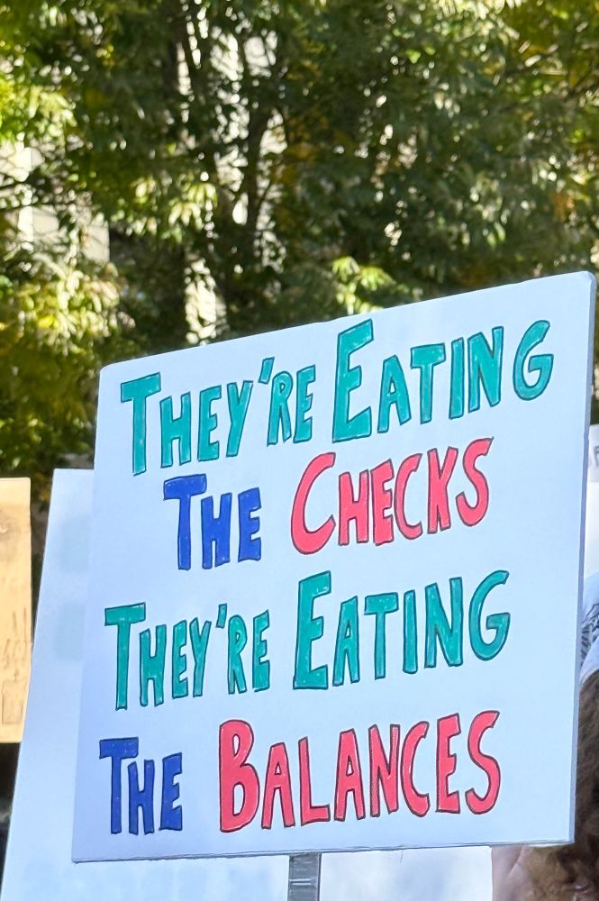 Protest sign reading:
They’re eating 
the CHECKS
They’re eating
the BALANCES