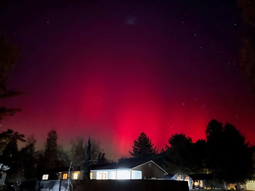A dramatic red aurora