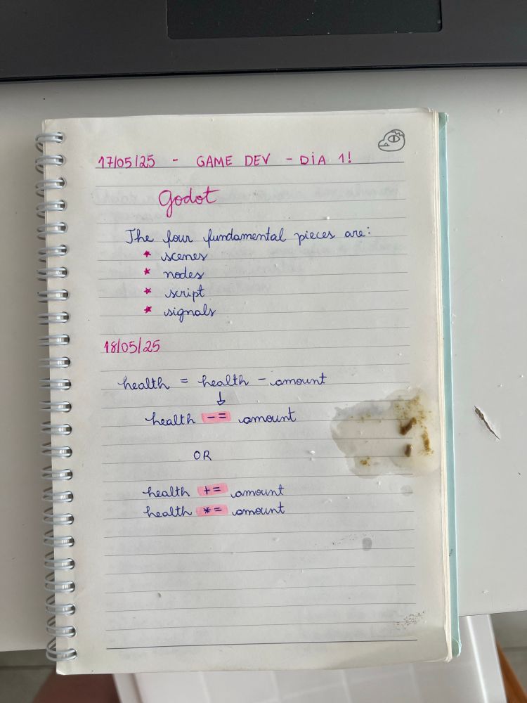 caderno de estudo com letra bonita e caneta rosa com um cocô de passarinho no meio da folha