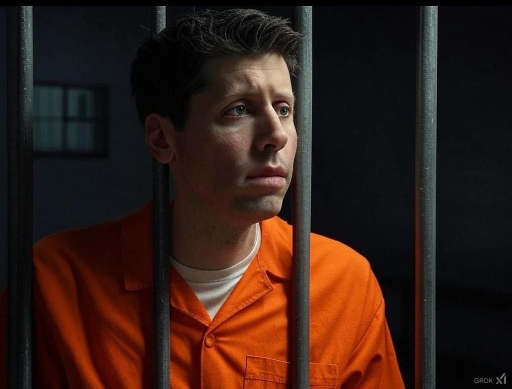 AI generated imagine of Sam Altman wearing an orange jump suit behind bars staring out longing for freedom.