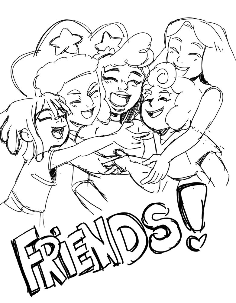 a sketch by Pearl Low of the main cast of Wheels and Roses! they are all in a group hug, hugging sahara, and one another.