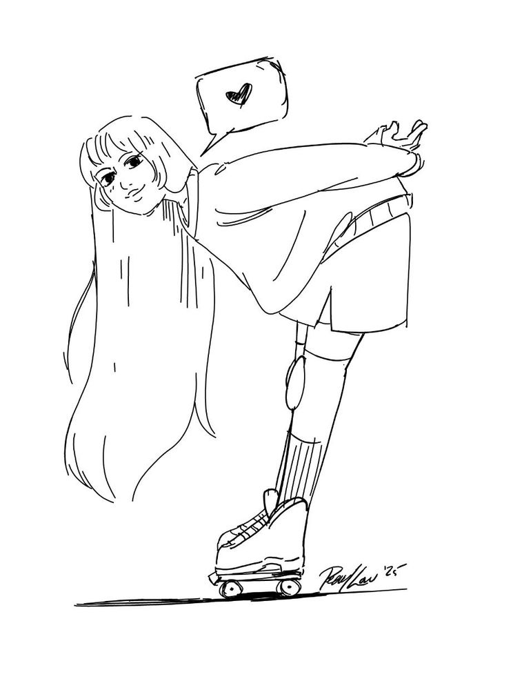 A drawing of Danielle from Wheels and Roses. She's leaning forward while she has her arms extended behind her. She's wearing roller skates.