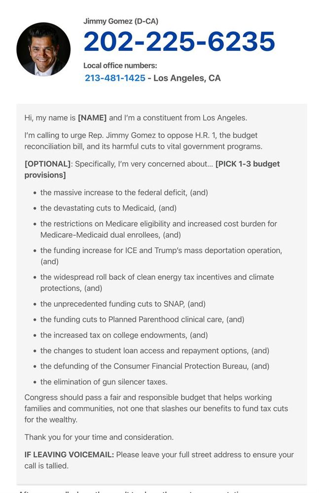 A screenshot of 5calls.org. It's has the number and name for my local house representative. There is also a written script provided to use.