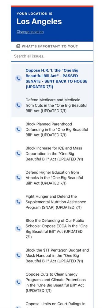 A screenshot of a part of 5calls.org website. Put in your locatioon, pick a struggle (a topic lol), and info will come up for you (ie; your rep's name and number and a script you can read during your phone call).