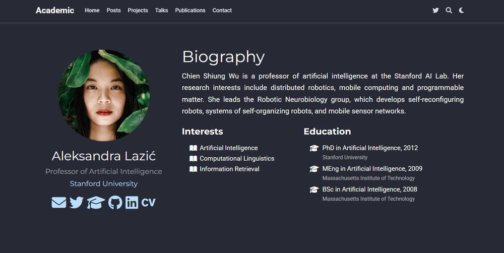 Screenshot of a default Hugo Academic theme website. The profile section shows the name "Aleksandra Lazić" with the title "Professor of Artificial Intelligence, Stanford University." A woman's portrait (stock photo) is displayed. The bio on the right is for "Chien Shiung Wu," describing her as a professor at Stanford AI Lab with research in robotics and mobile computing. Sections for Interests and Education are filled with placeholder content referencing MIT and Stanford degrees in AI.