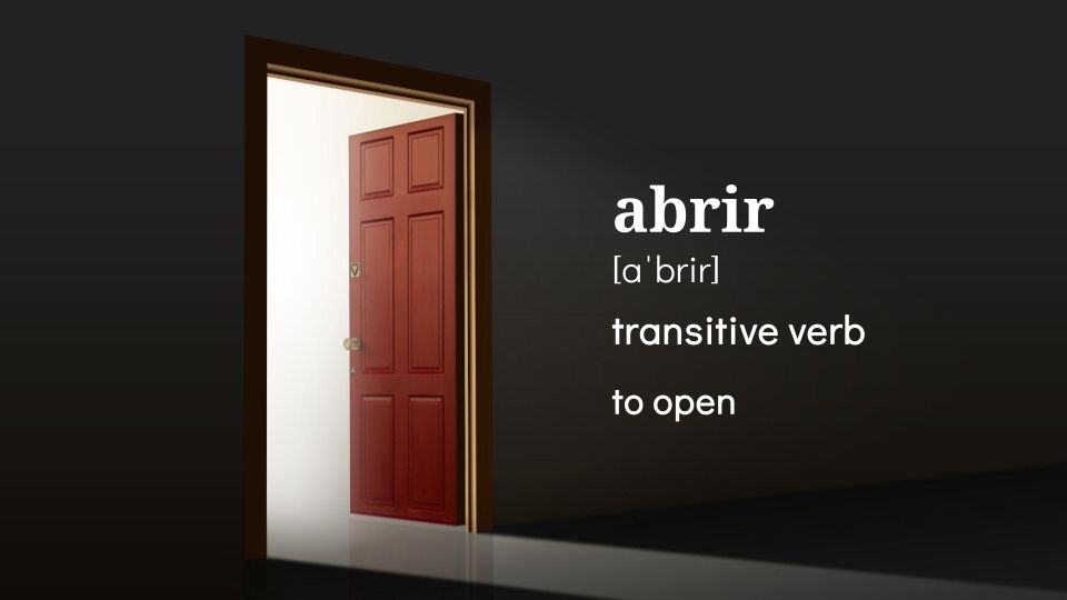 Photo of an open door, with the text: abrir [aˈbrir] transitive verb to open 