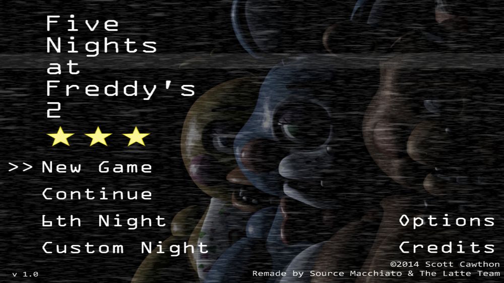 FNaF 2 main menu with "New Game" button selected and all tree stars displayed