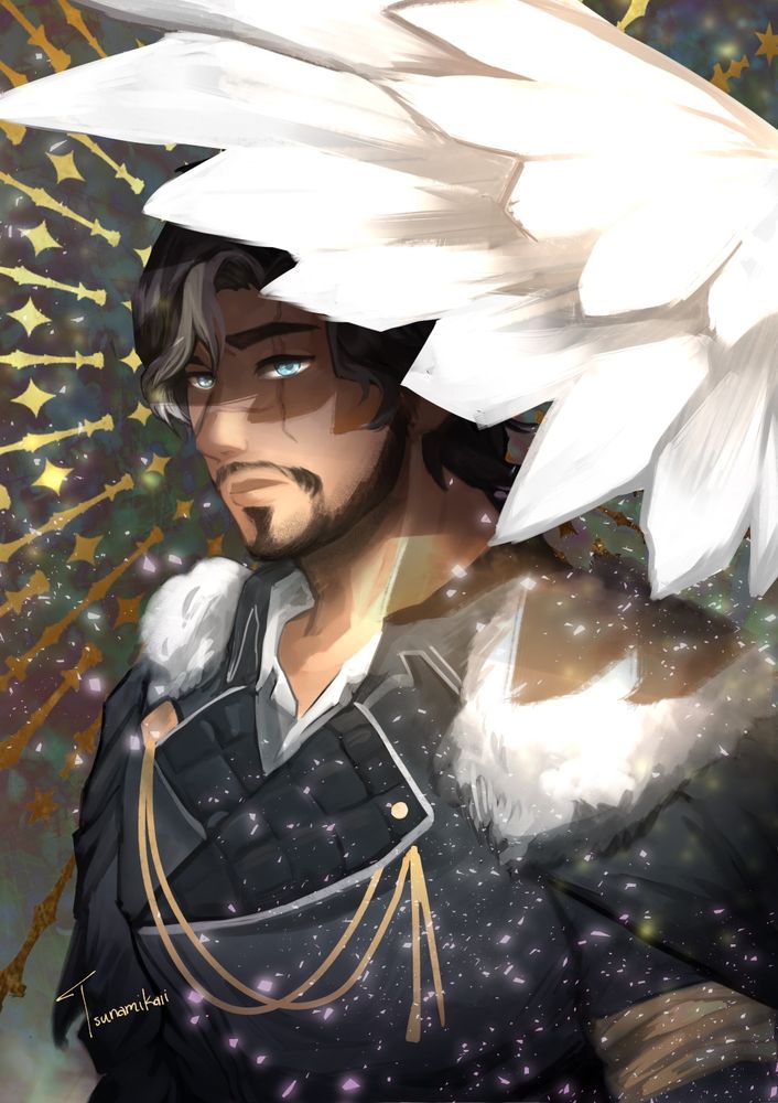 Verso Dessendre from Expedition 33, Shielded by an angel wing- a play on his third Gradient art move, Angel Eyes. His blue eyes piercing through the shadows