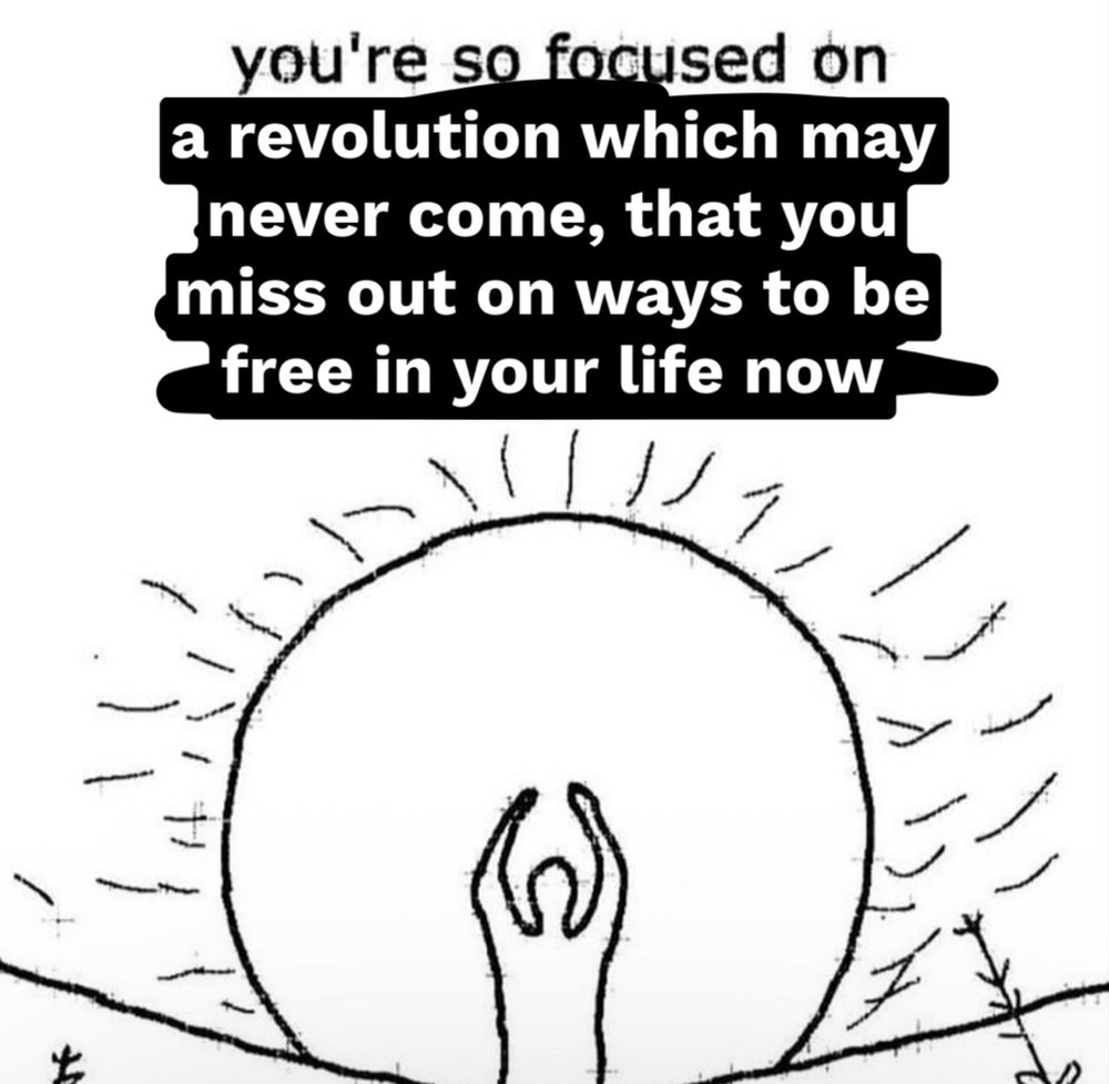 “you’re so focused on a revolution which may never come, that you miss out on ways to be free in your life now”
picture of sun at horizon with silhouette of person standing in front of it with arms raised in the air