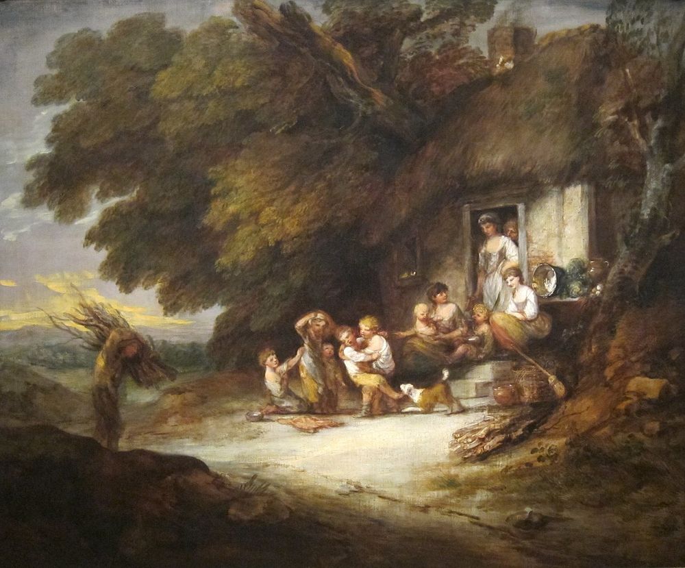 Painting by Gainsborough, 1778: Hilly landscape with peasant family at a Cottage Door, Children playing and Woodcutter returning