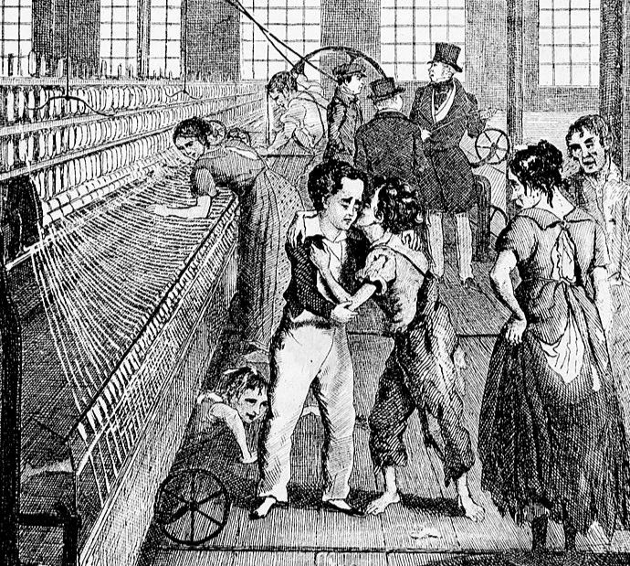 An 1876 illustration of children working in a British textile factory