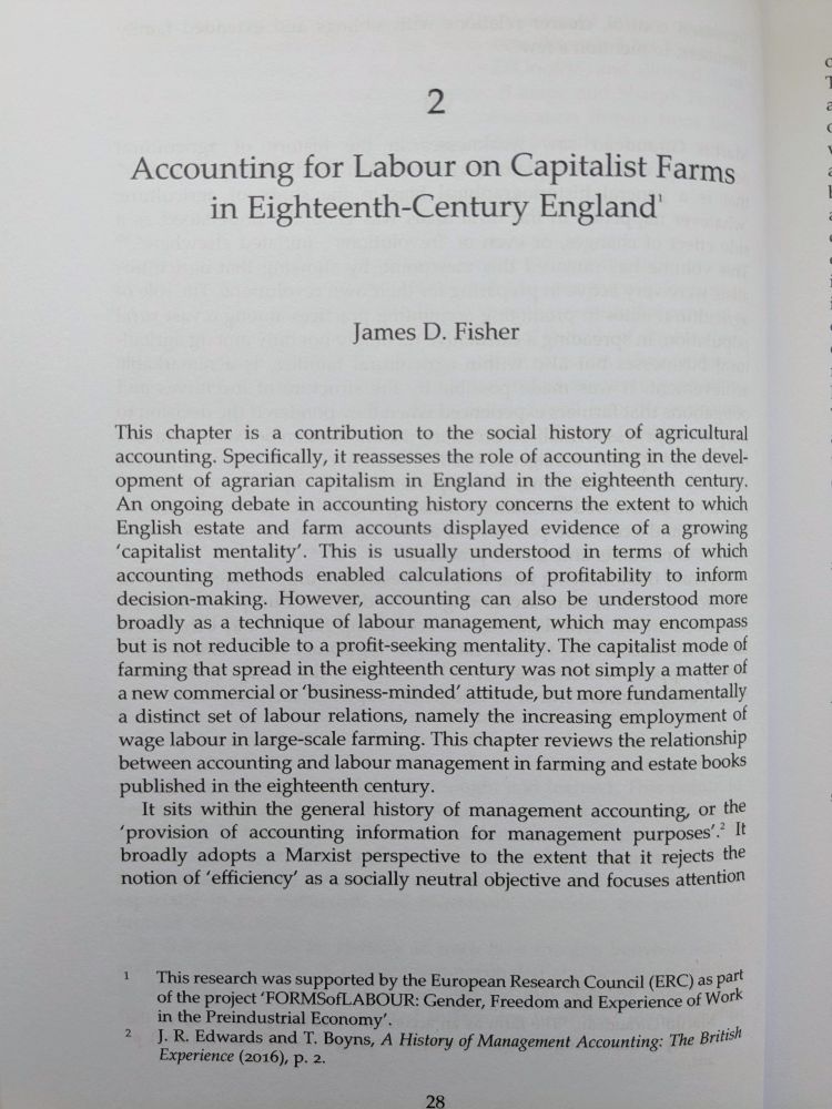 First page of chapter 2 by James D Fisher titled Accounting for Labour on Capitalist Farms in Eighteenth-Century England
