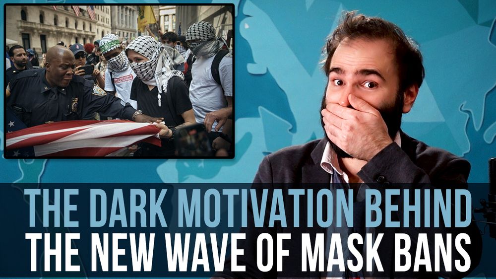Cody Johnston covering his mouth with his hand, next to a picture of masked Pro-Palestine protesters being harassed by police. Episode title: "The Dark Motivation Behind The New Wave of Mask Bans"