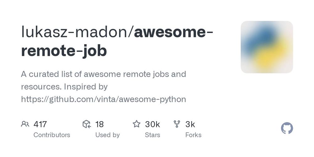 GitHub - lukasz-madon/awesome-remote-job: A curated list of awesome remote jobs and resources. Inspired by https://github.com/vinta/awesome-python