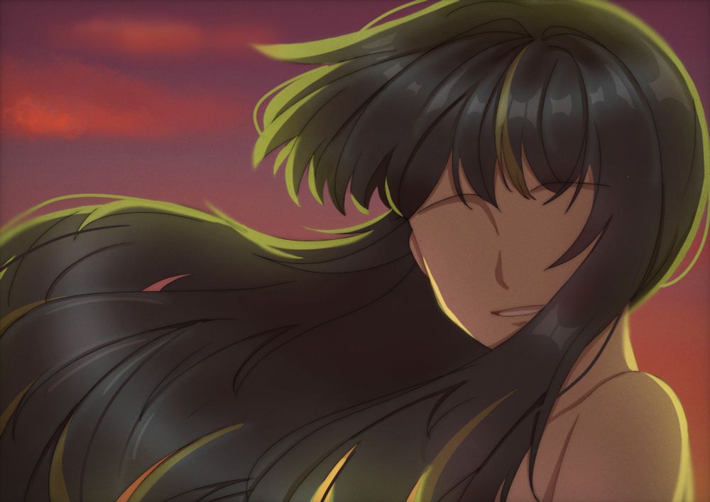 A digital drawing of a girl with flowing long hair facing the viewer and smiling. Behind her is a sunset background.