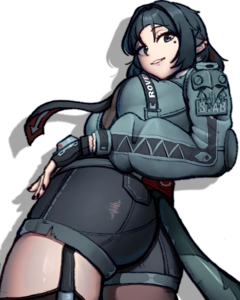 digital art of jane doe, a character from zenless zone zero. the piece has a low angle perspective, portraying her in a confident yet alluring pose.