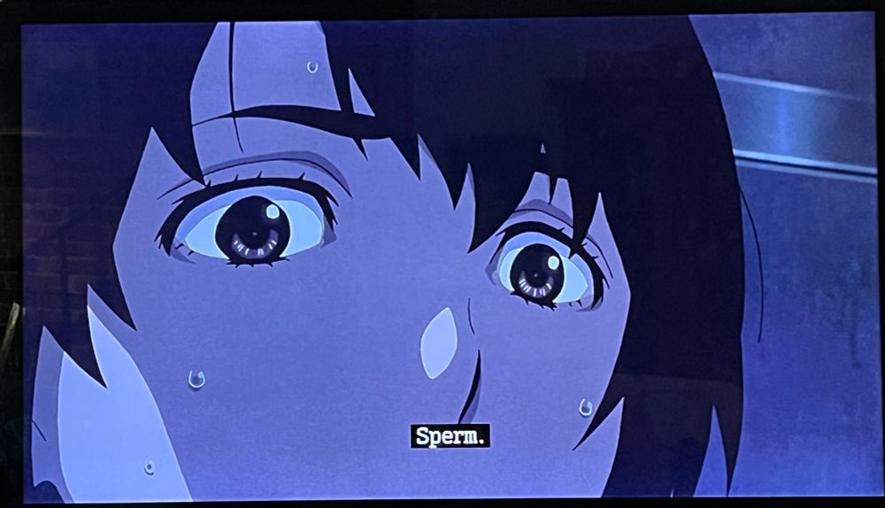 Anime shot with closed caption: “Sperm.”