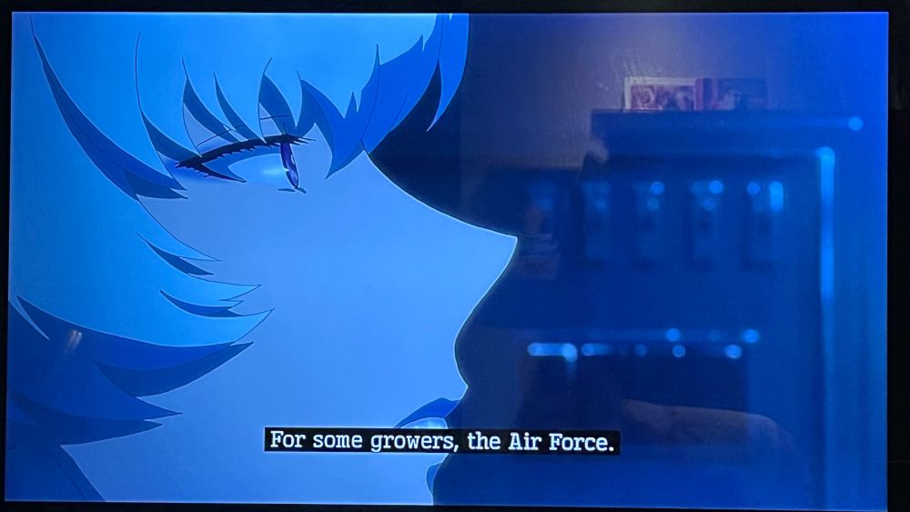 Anime shot with closed caption: “For some growers, the Air Force.”