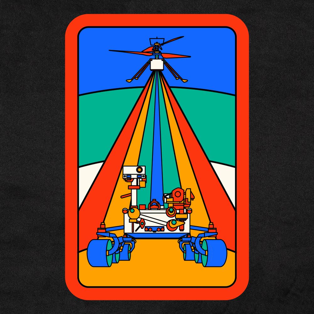 A vertically oriented rectangular mission patch with a thick, saturated red-orange border and a thin black inner border. The patch shows a linear illustration of the Perseverance Rover toward the bottom center in shades of white, green, orange, and blue. The ingenuity mars helicopter is shown at the top center of the patch and illustrated in the same style and colors. Behind the illustrations of Perseverance and Ingenuity are concentric triangles expanding from the center toward the outside of the patch, with the tip of the triangles coming together at the bottom of the ingenuity helicopter. From the outer triangle to the inner triangle, the colors of the triangles are red-orange, yellow-orange, green, and blue. Behind that are concentric circles, starting at the bottom of the patch and expanding upward. From bottom to top, the circles are yellow-orange, white, green, then blue.