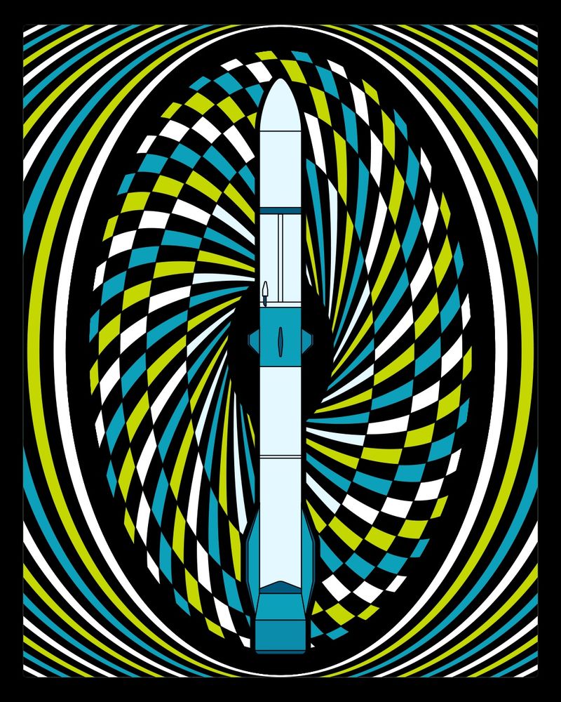 My original illustration of the Blue Origin New Glenn rocket over a concentric psychedelic background in black, white, teal, and chartreuse. 