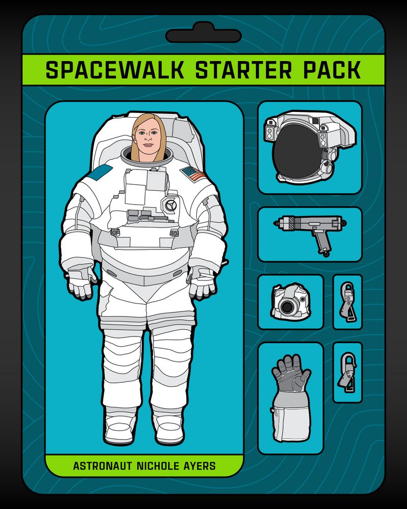 An illustrated image of astronaut Nichole Ayers in action figure-style packaging.  ""SPACEWALK STARTER PACK"" is titled in text at the top of the image. To the right are six different items commonly used during spacewalks: a helmet with camera and lights, Pistol Grip Tool (drill), digital camera, and two safety tethers. Created by Morgan Denman for NASA 