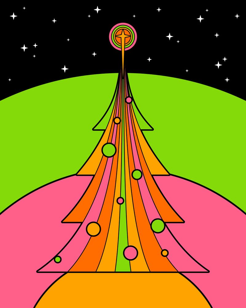 A spacey Christmas themed illustration by me. At the center-top is a light orange four-point star, launching upward from a pattern of overlapping orange, pink, and green rounded triangular shapes in four levels which altogether form a representation of a Christmas tree. The Christmas tree shape is adorable with circles of multiple sizes in orange, pink, and green. The tree shape sits on top of a light orange half circle. A larger pink half circle is behind it and all the other elements, and a larger green half circle is behind that. In the top quarter of the illustration, behind all the other elements is a background of black scattered with white four-point stars in various sizes. 