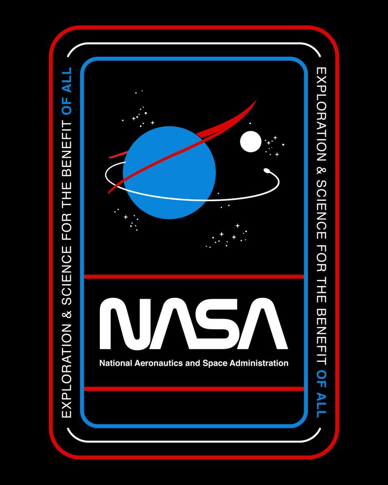 Vertical rectangular patch style illustration/design. In the center-top region is a deconstructed illustration of the elements of the NASA meatball logo. At the bottom-center region is the NASA worm logo in white with the words, National aeronautics and space administration, beneath it also in white. A thick blue outline separates the center region from the border area. In the border area on both the left and right sides are the words “exploration and science for the benefit of all”. The entire thing is surrounded by a thick red outline. The background is black. 